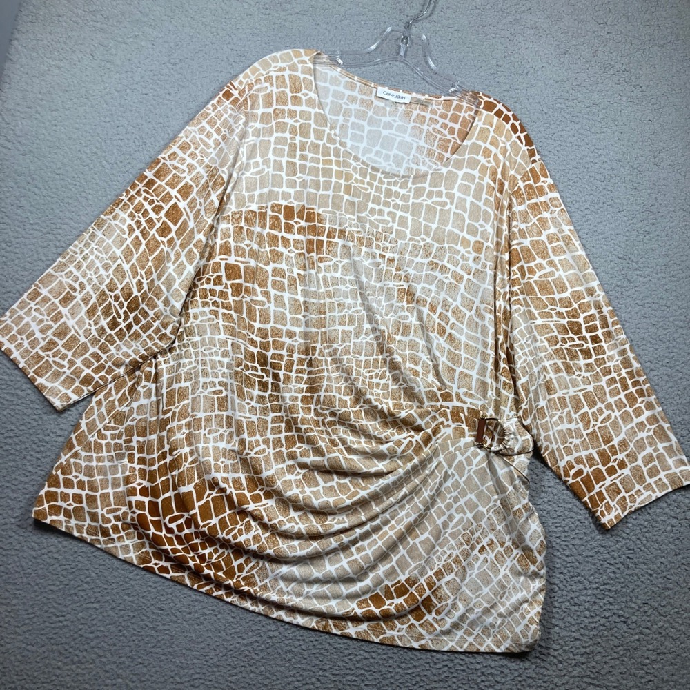 Calvin Klein Draped Ring Top Women 3X Tan White Abstract Croc Print 3/4 Sleeve